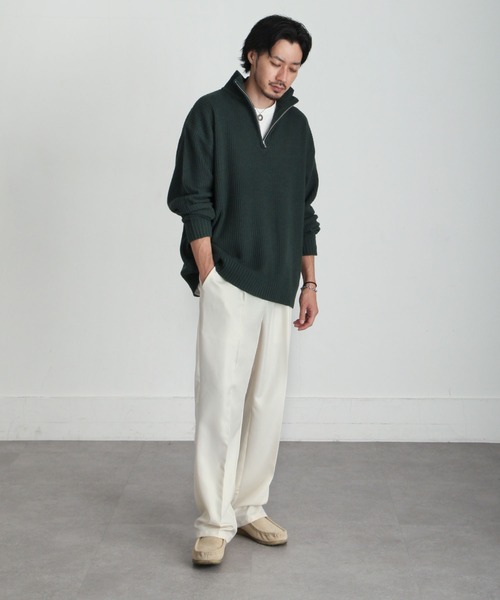 ZIP FIVE（ジップファイブ）の「【ZIP FIVE】あぜ編みベーシックワイドハーフジップニット　ソフトニットハーフジップネックセーター（ニット/セーター・メンズ・ブラック/ダークグリーン/ベージュ/ネイビー/グレー/アイボリー・MEDIUM/LARGE/X-LARGE）」の14枚目の写真