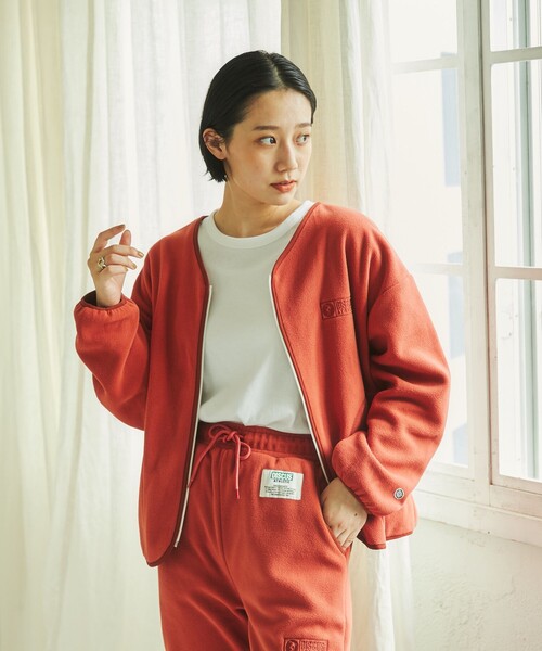 DISCUS ATHLETIC（ディスカス　アスレチック）の「DISCUS ATHLETIC（ディスカス アスレチック）フリースVネックジップカーディガン（カーディガン/ボレロ・レディース・ダークグリーン/オフホワイト/レンガ・M/L）」の5枚目の写真