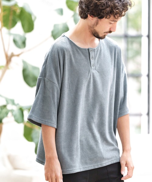 CAMBIO(カンビオ)の「mt8146-ルーズシルエットパイルヘンリーネックカットソー(Tシャツ/カットソー・メンズ・ホワイト/ブラック/グレー・S/M/L)」の8枚目の写真