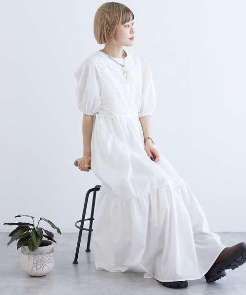 Coast* ホワイト ポンポン トリム ティアード ドレス ワンピース w closet（ダブルクローゼット）の「【SETアイテム】レース