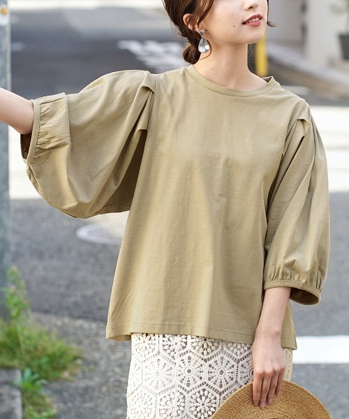 e-zakkamania stores（イーザッカマニアストアーズ）の「ボリュームスリーブ カットソー（Tシャツ/カットソー・レディース・ネイビー/ブラック/オフホワイト/ライトカーキ・M）」の4枚目の写真