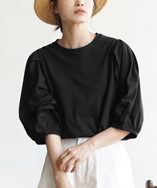 e-zakkamania stores（イーザッカマニアストアーズ）の「ボリュームスリーブ カットソー（Tシャツ/カットソー・レディース・ネイビー/ブラック/オフホワイト/ライトカーキ・M）」の3枚目の写真