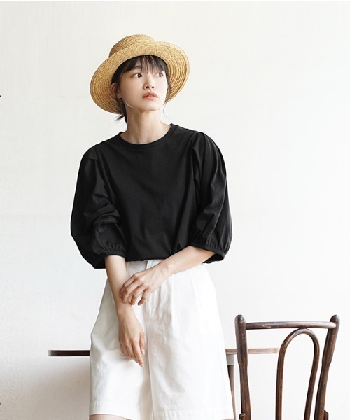 e-zakkamania stores（イーザッカマニアストアーズ）の「ボリュームスリーブ カットソー（Tシャツ/カットソー・レディース・ネイビー/ブラック/オフホワイト/ライトカーキ・M）」の5枚目の写真