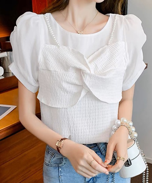 SPIGA（スピーガ）の「パールリボンビスチェドッキングシアーブラウス（シャツ/ブラウス・レディース・ブラック/ホワイト・FREE）」の2枚目の写真