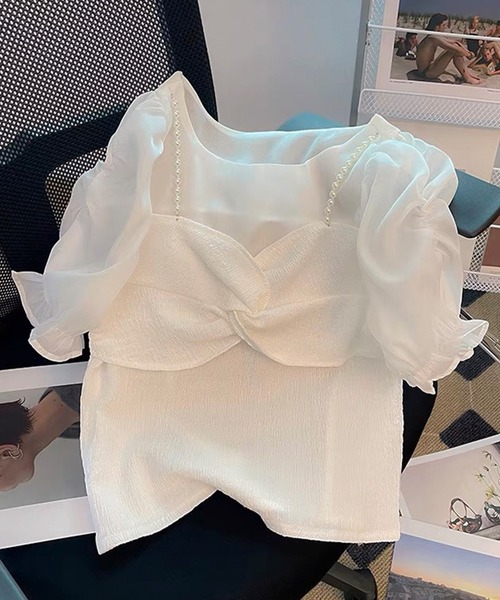 SPIGA（スピーガ）の「パールリボンビスチェドッキングシアーブラウス（シャツ/ブラウス・レディース・ブラック/ホワイト・FREE）」の5枚目の写真