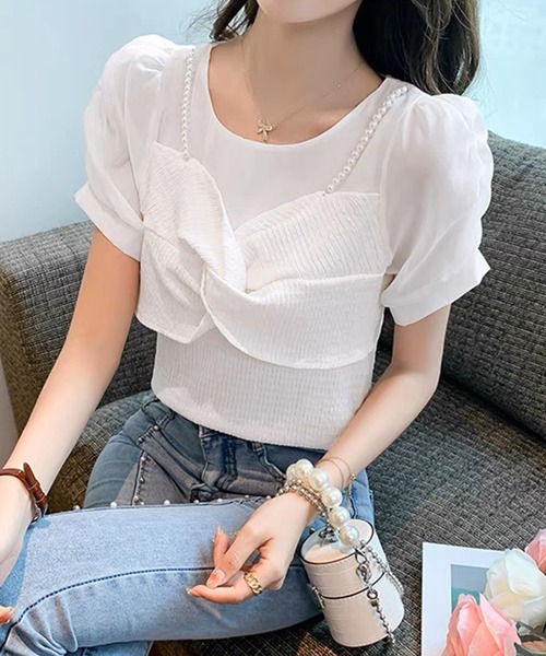 SPIGA（スピーガ）の「パールリボンビスチェドッキングシアーブラウス（シャツ/ブラウス・レディース・ブラック/ホワイト・FREE）」の4枚目の写真