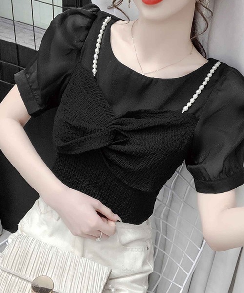 SPIGA（スピーガ）の「パールリボンビスチェドッキングシアーブラウス（シャツ/ブラウス・レディース・ブラック/ホワイト・FREE）」の7枚目の写真