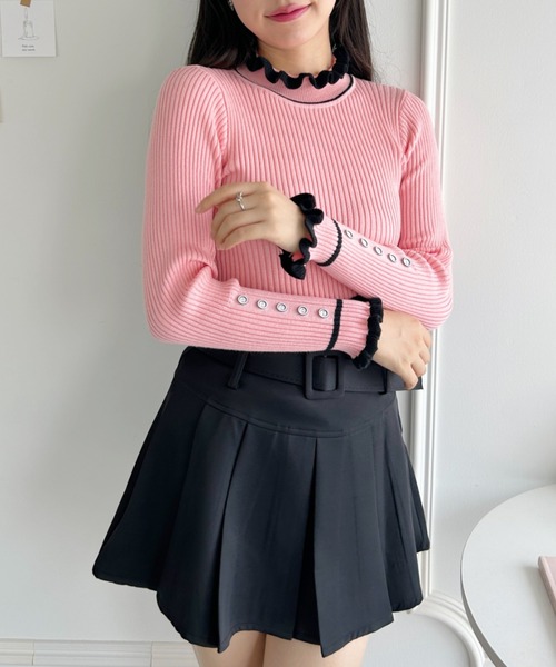 Loueme(ルエム)の「バイカラー袖ボタンフリルリブトップス(ニット/セーター・レディース・アイボリー/ブラック/ピンク・FREE)」の22枚目の写真
