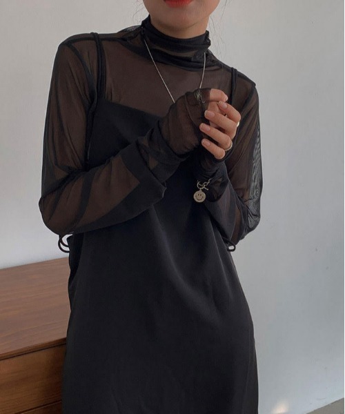 i-dare(アイディア)の「【i-dare】シースルー シアーハイネック タートル トップス(Tシャツ/カットソー・レディース・ブラック/グリーン/イエロー/ブルー/ホワイト/ピンク・FREE)」の9枚目の写真
