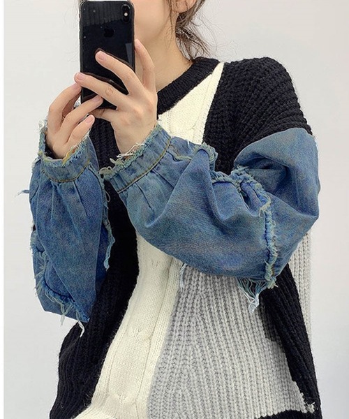 deux amour(ドゥーザムール)の「デニムドッキングMIX切り替えニット(Tシャツ/カットソー・レディース・ブラック/グレー・FREE)」の3枚目の写真