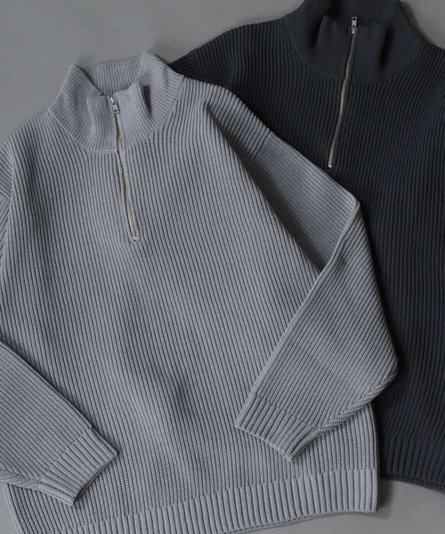 SITRY（シトリー）の「half zip knit pull over/オーバーサイズ ハーフジップ エコニット 吸水速乾 UVカット 洗濯可 帯電防止 抗ピリング（ニット/セーター・メンズ・ブラック/グレー/オフホワイト/チャコール/ブルー/グレイッシュベージュ・LL/M/L）」の3枚目の写真