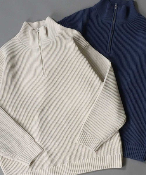 SITRY（シトリー）の「half zip knit pull over/オーバーサイズ ハーフジップ エコニット 吸水速乾 UVカット 洗濯可 帯電防止 抗ピリング（ニット/セーター・メンズ・ブラック/グレー/オフホワイト/チャコール/ブルー/グレイッシュベージュ・LL/M/L）」の2枚目の写真