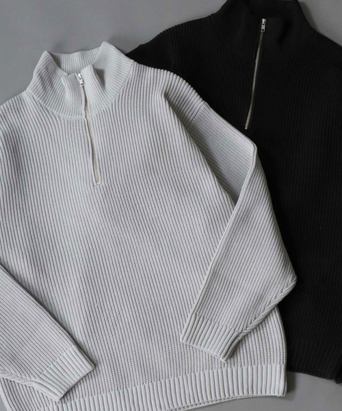 SITRY（シトリー）の「half zip knit pull over/オーバーサイズ ハーフジップ エコニット 吸水速乾 UVカット 洗濯可 帯電防止 抗ピリング（ニット/セーター・メンズ・ブラック/グレー/オフホワイト/チャコール/ブルー/グレイッシュベージュ・LL/M/L）」の5枚目の写真