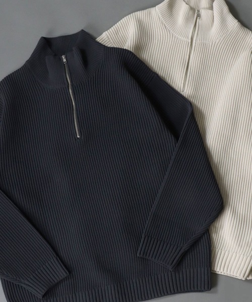 SITRY（シトリー）の「half zip knit pull over/オーバーサイズ ハーフジップ エコニット 吸水速乾 UVカット 洗濯可 帯電防止 抗ピリング（ニット/セーター・メンズ・ブラック/グレー/オフホワイト/チャコール/ブルー/グレイッシュベージュ・LL/M/L）」の4枚目の写真