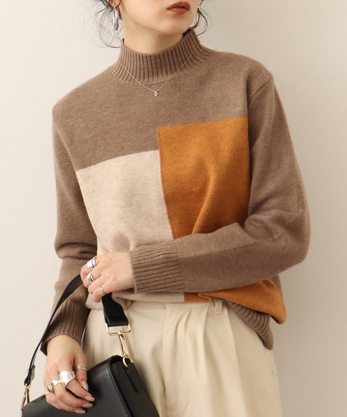Chiaro（キアロ）の「chiaro 3カラー配色ハイネックニット（ニット/セーター・レディース・ベージュ/モカ/オレンジ/エンジ・40）」の5枚目の写真