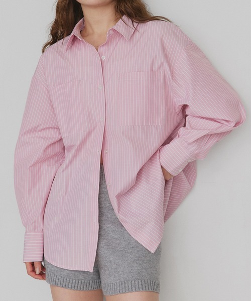 ad thie（アドティエ）の「ボリュームスリーブ ポケ付きストライプシャツ（シャツ/ブラウス・レディース・ネイビー/オレンジ/ベージュ/ピンク/グリーン系/ブラック/ライトブルー/グレイッシュベージュ/オフホワイト/ブルー/ブラック×ホワイト/イエロー/グリーン/ベージュ系/レッド/サックスブルー/ライトピンク/ピンク系/ミント/ブルー系・LARGE/MEDIUM）」の18枚目の写真