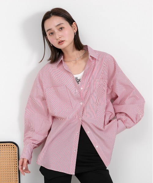 ad thie（アドティエ）の「ボリュームスリーブ ポケ付きストライプシャツ（シャツ/ブラウス・レディース・ネイビー/オレンジ/ベージュ/ピンク/グリーン系/ブラック/ライトブルー/グレイッシュベージュ/オフホワイト/ブルー/ブラック×ホワイト/イエロー/グリーン/ベージュ系/レッド・LARGE/MEDIUM）」の14枚目の写真