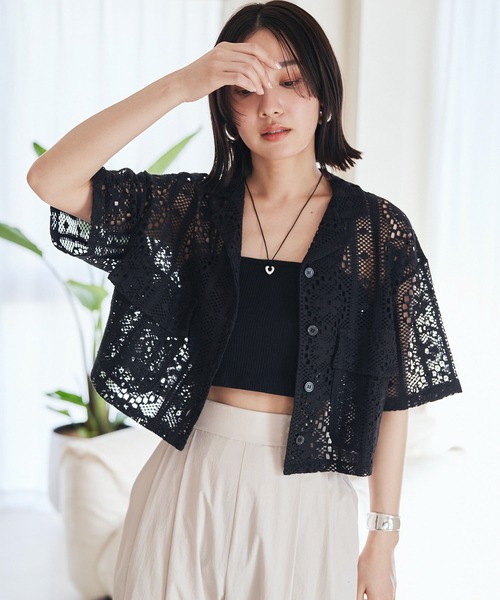 VIS（ビス）の「クロシェ開襟シャツカーディガン（カーディガン/ボレロ・レディース・ブラック/ホワイト系その他5・FREE）」の5枚目の写真