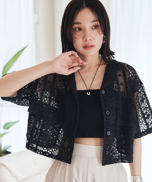 VIS（ビス）の「クロシェ開襟シャツカーディガン（カーディガン/ボレロ・レディース・ブラック/ホワイト系その他5・FREE）」の4枚目の写真