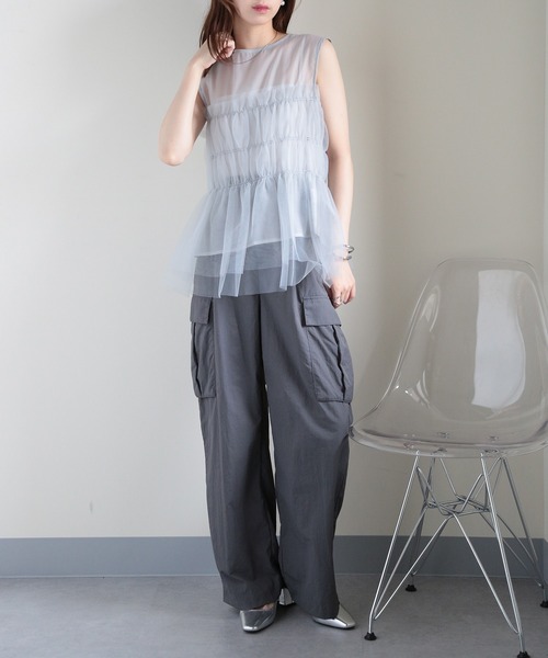 MAISON BREEZE（メゾンブリーズ）の「【MAISON BREEZE】オーガンジー×チュール シャーリングノースリーブPO DTK（タンクトップ・レディース・ホワイト/ブラック/グレー・FREE）」の18枚目の写真