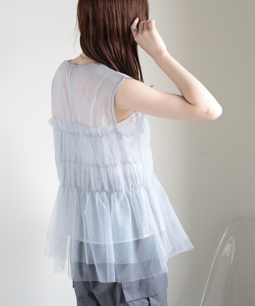 MAISON BREEZE（メゾンブリーズ）の「【MAISON BREEZE】オーガンジー×チュール シャーリングノースリーブPO DTK（タンクトップ・レディース・ホワイト/ブラック/グレー・FREE）」の16枚目の写真