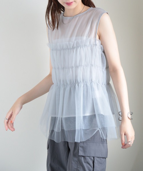 MAISON BREEZE（メゾンブリーズ）の「【MAISON BREEZE】オーガンジー×チュール シャーリングノースリーブPO DTK（タンクトップ・レディース・ホワイト/ブラック/グレー・FREE）」の14枚目の写真