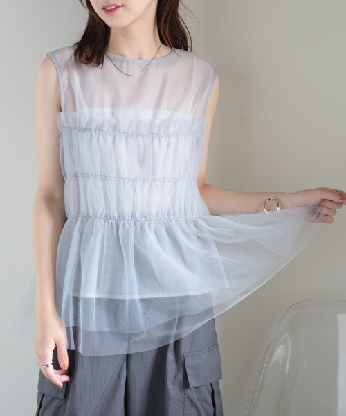 MAISON BREEZE（メゾンブリーズ）の「【MAISON BREEZE】オーガンジー×チュール シャーリングノースリーブPO DTK（タンクトップ・レディース・ホワイト/ブラック/グレー・FREE）」の13枚目の写真