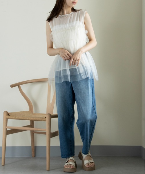 MAISON BREEZE（メゾンブリーズ）の「【MAISON BREEZE】オーガンジー×チュール シャーリングノースリーブPO DTK（タンクトップ・レディース・ホワイト/ブラック/グレー・FREE）」の9枚目の写真