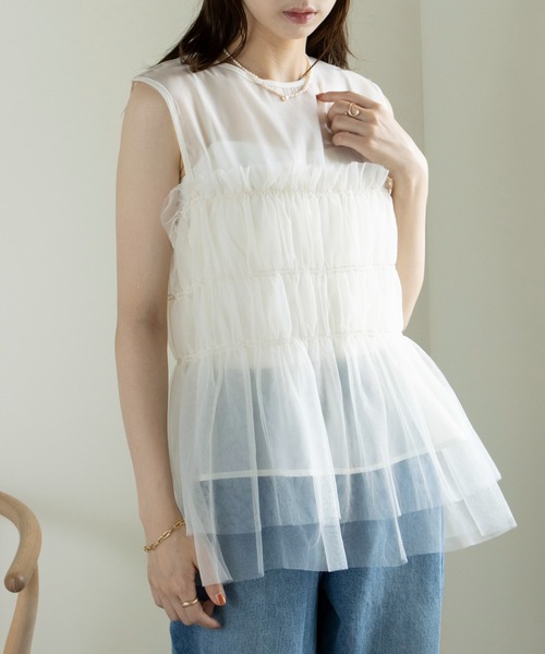 MAISON BREEZE（メゾンブリーズ）の「【MAISON BREEZE】オーガンジー×チュール シャーリングノースリーブPO DTK（タンクトップ・レディース・ホワイト/ブラック/グレー・FREE）」の21枚目の写真