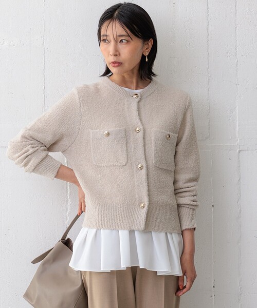 23区 S(ニジュウサンクチイサイサイズ)の「【洗える】ブークレラメニット カーディガン(カーディガン/ボレロ・レディース・ベージュ系/ブラック系・32)」の2枚目の写真