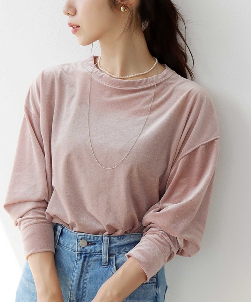 Jines(ジネス)の「シアートリコット ベロアルーズトップス(Tシャツ/カットソー・レディース・グレー/アイボリー/ピンク・38)」の3枚目の写真
