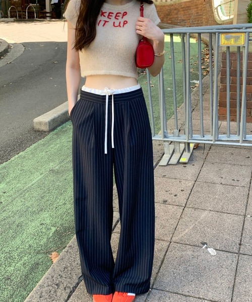 LYEON(リヨン)の「ウエストレイヤードデザインスラックス/ストライプタックパンツ/ダブルウエストパンツ(スラックス・レディース・ネイビー/グレー・MEDIUM/SMALL)」の13枚目の写真