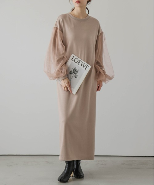 AMELY（エミリー）の「チュールドッキングスリーブワンピース（ワンピース・レディース・ブラック/グレー/ブラウン/杢グレー・フリー）」の4枚目の写真
