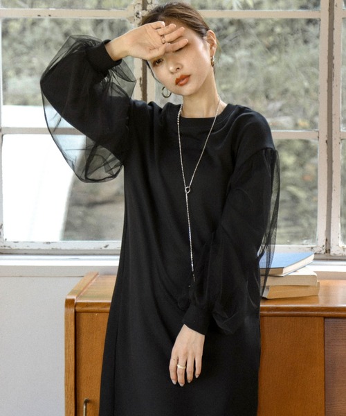 AMELY（エミリー）の「チュールドッキングスリーブワンピース（ワンピース・レディース・ブラック/グレー/ブラウン/杢グレー・フリー）」の10枚目の写真