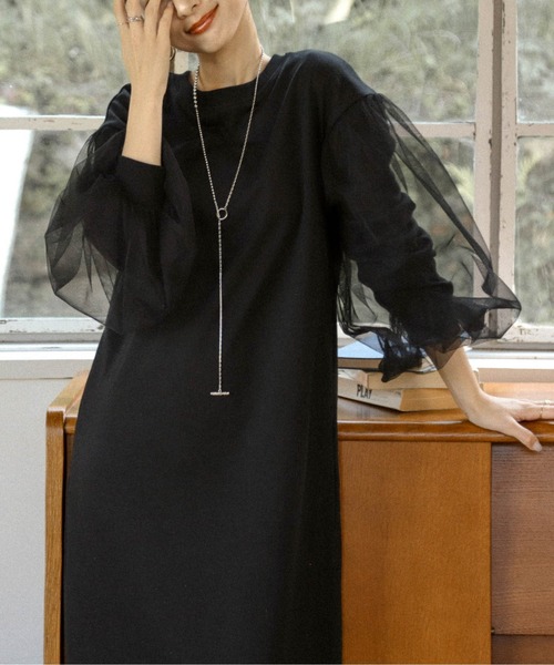 AMELY（エミリー）の「チュールドッキングスリーブワンピース（ワンピース・レディース・ブラック/グレー/ブラウン/杢グレー・フリー）」の11枚目の写真