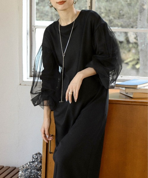 AMELY（エミリー）の「チュールドッキングスリーブワンピース（ワンピース・レディース・ブラック/グレー/ブラウン/杢グレー・フリー）」の12枚目の写真