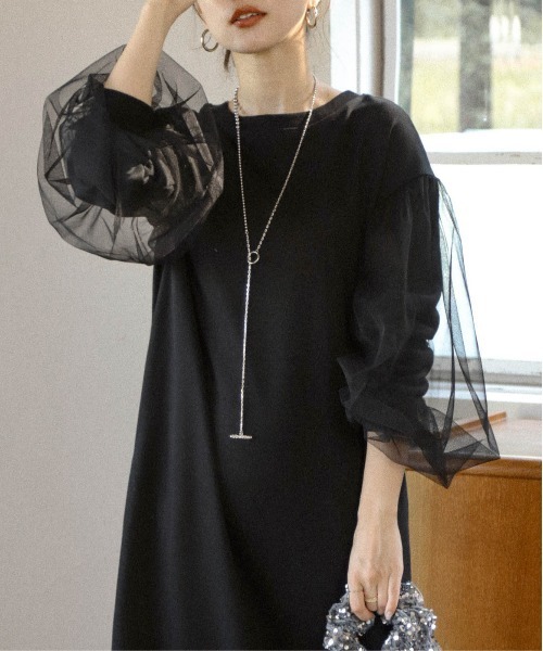 AMELY（エミリー）の「チュールドッキングスリーブワンピース（ワンピース・レディース・ブラック/グレー/ブラウン/杢グレー・フリー）」の5枚目の写真