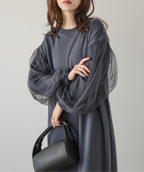 AMELY（エミリー）の「チュールドッキングスリーブワンピース（ワンピース・レディース・ブラック/グレー/ブラウン/杢グレー・フリー）」の6枚目の写真