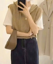 フード付きジップニットベスト ショート丈