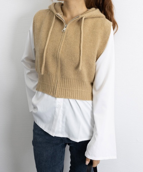 Miniministore(ミニミニストア)の「フード付きジップニットベスト ショート丈(ベスト・レディース・オフホワイト/ブラック/ベージュ/グレー/オリーブ・FREE)」の14枚目の写真