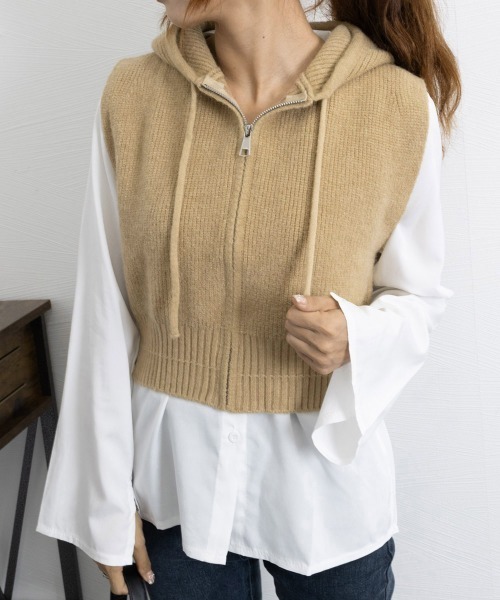 Miniministore(ミニミニストア)の「フード付きジップニットベスト ショート丈(ベスト・レディース・オフホワイト/ブラック/ベージュ/グレー/オリーブ・FREE)」の15枚目の写真