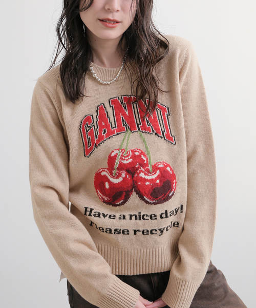 GANNI ニットベスト XXS オリーブグリーン/マルチカラー セール】【GANNI / ガニー】 Graphic Wool Mix Cherry Crewneck