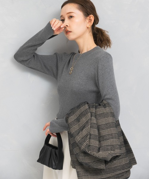 新品未使用【ebure 】リブニット　半袖　シルク混 洗濯機で洗える】ネックが選べるシルクタッチ半袖リブニット