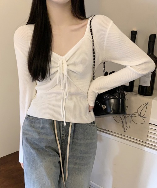 Miniministore(ミニミニストア)の「ニットトップス レディース リボン付き(ニット/セーター・レディース・ホワイト/グリーン/ブラウン/ブラック・FREE)」の1枚目の写真