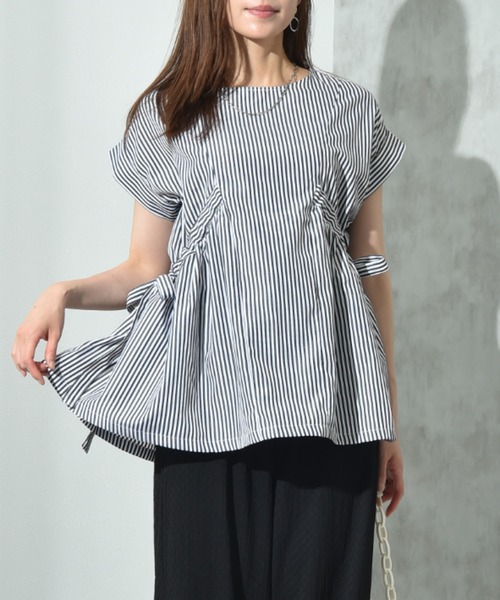 INTERPLANET（インタープラネット）の「ＴＣブロードサイドリボンドロストブラウス（シャツ/ブラウス・レディース・オフホワイト/ベージュ/ブラック/ホワイト×ブラック・FREE）」の3枚目の写真