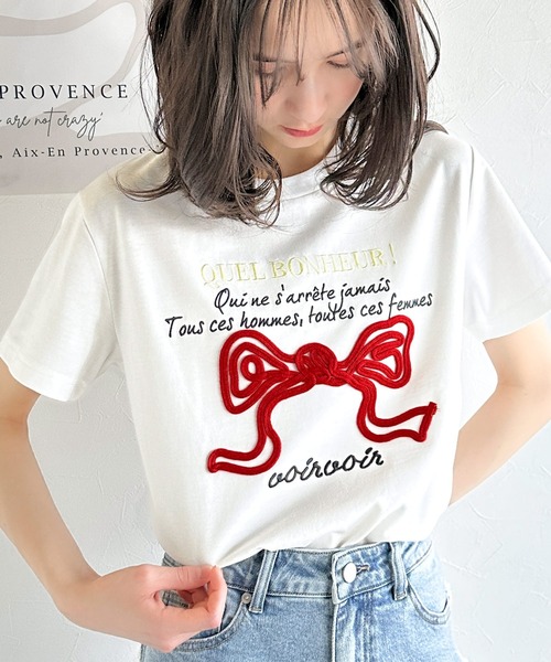 mily bilet(ミウィビレット)の「【mily bilet】華やか大人ガーリー。リボンコード刺繍プレートデザインTシャツ(Tシャツ/カットソー・レディース・ブラック/オートミール/ホワイト/ブラウン・X-LARGE/SMALL/MEDIUM/LARGE)」の1枚目の写真
