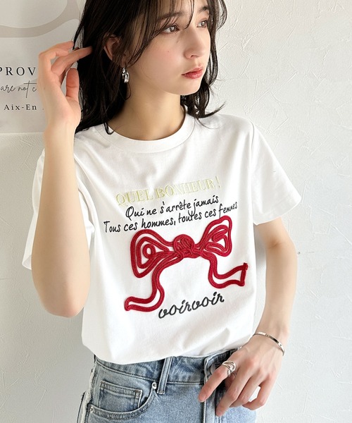 mily bilet(ミウィビレット)の「【mily bilet】華やか大人ガーリー。リボンコード刺繍プレートデザインTシャツ(Tシャツ/カットソー・レディース・ブラック/オートミール/ホワイト/ブラウン・X-LARGE/SMALL/MEDIUM/LARGE)」の5枚目の写真