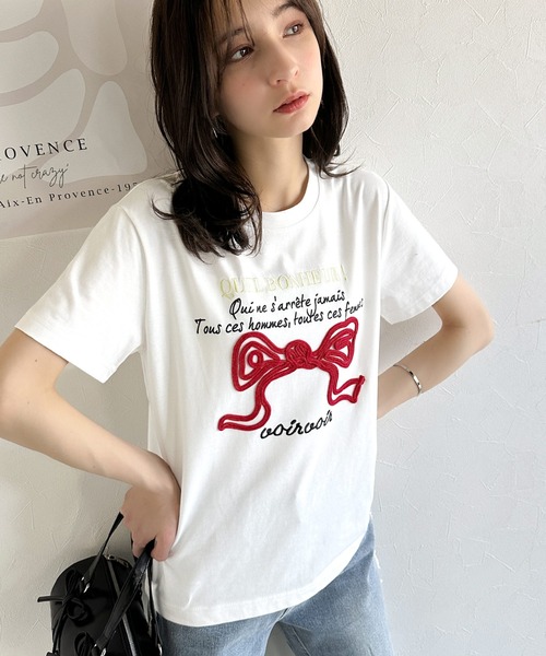 mily bilet(ミウィビレット)の「【mily bilet】華やか大人ガーリー。リボンコード刺繍プレートデザインTシャツ(Tシャツ/カットソー・レディース・ブラック/オートミール/ホワイト/ブラウン・X-LARGE/SMALL/MEDIUM/LARGE)」の7枚目の写真