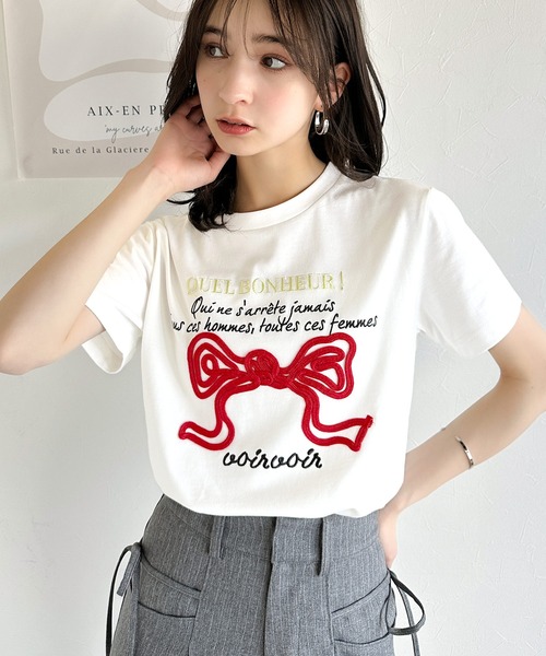 mily bilet(ミウィビレット)の「【mily bilet】華やか大人ガーリー。リボンコード刺繍プレートデザインTシャツ(Tシャツ/カットソー・レディース・ブラック/オートミール/ホワイト/ブラウン・X-LARGE/SMALL/MEDIUM/LARGE)」の9枚目の写真