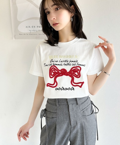 mily bilet(ミウィビレット)の「【mily bilet】華やか大人ガーリー。リボンコード刺繍プレートデザインTシャツ(Tシャツ/カットソー・レディース・ブラック/オートミール/ホワイト/ブラウン・X-LARGE/SMALL/MEDIUM/LARGE)」の11枚目の写真